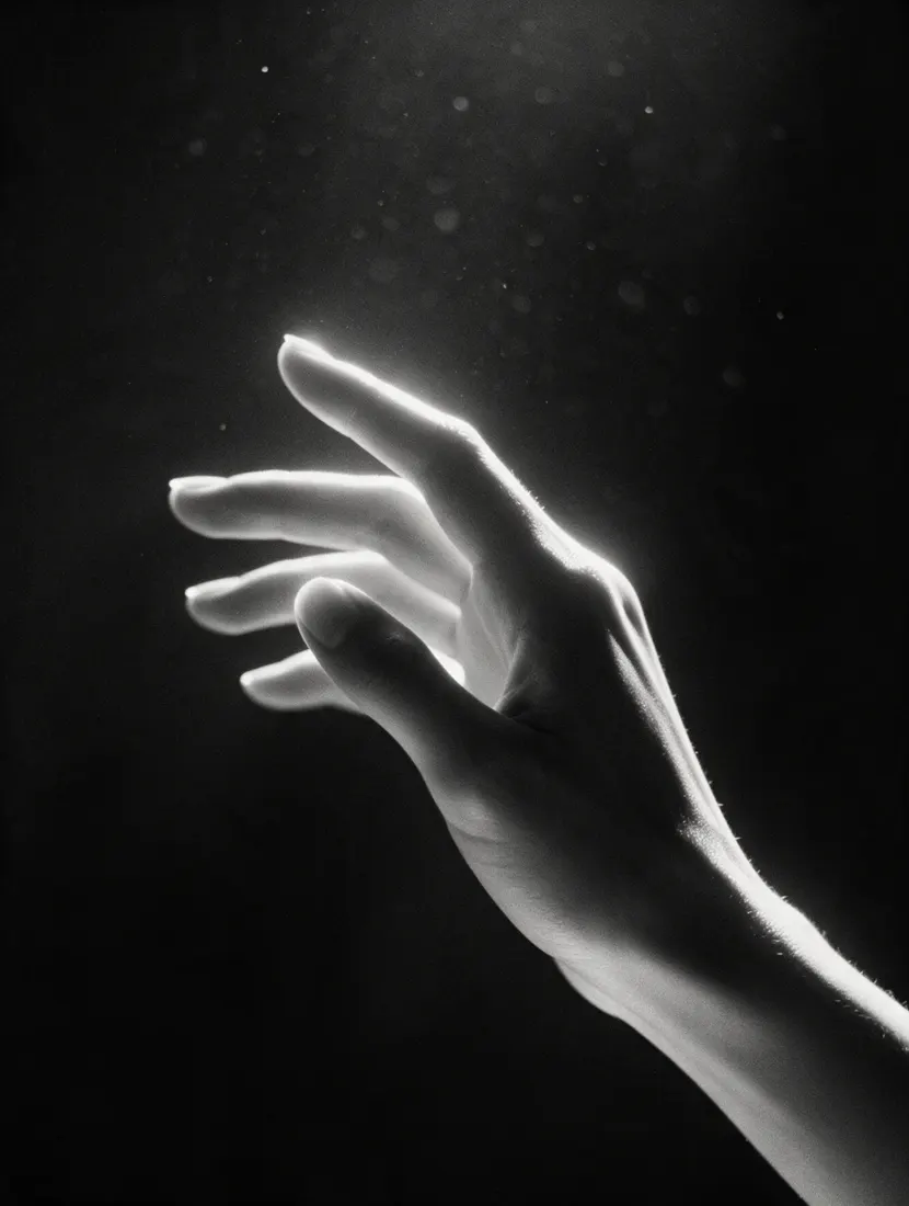 Main tendue vers la lumière, en noir et blanc