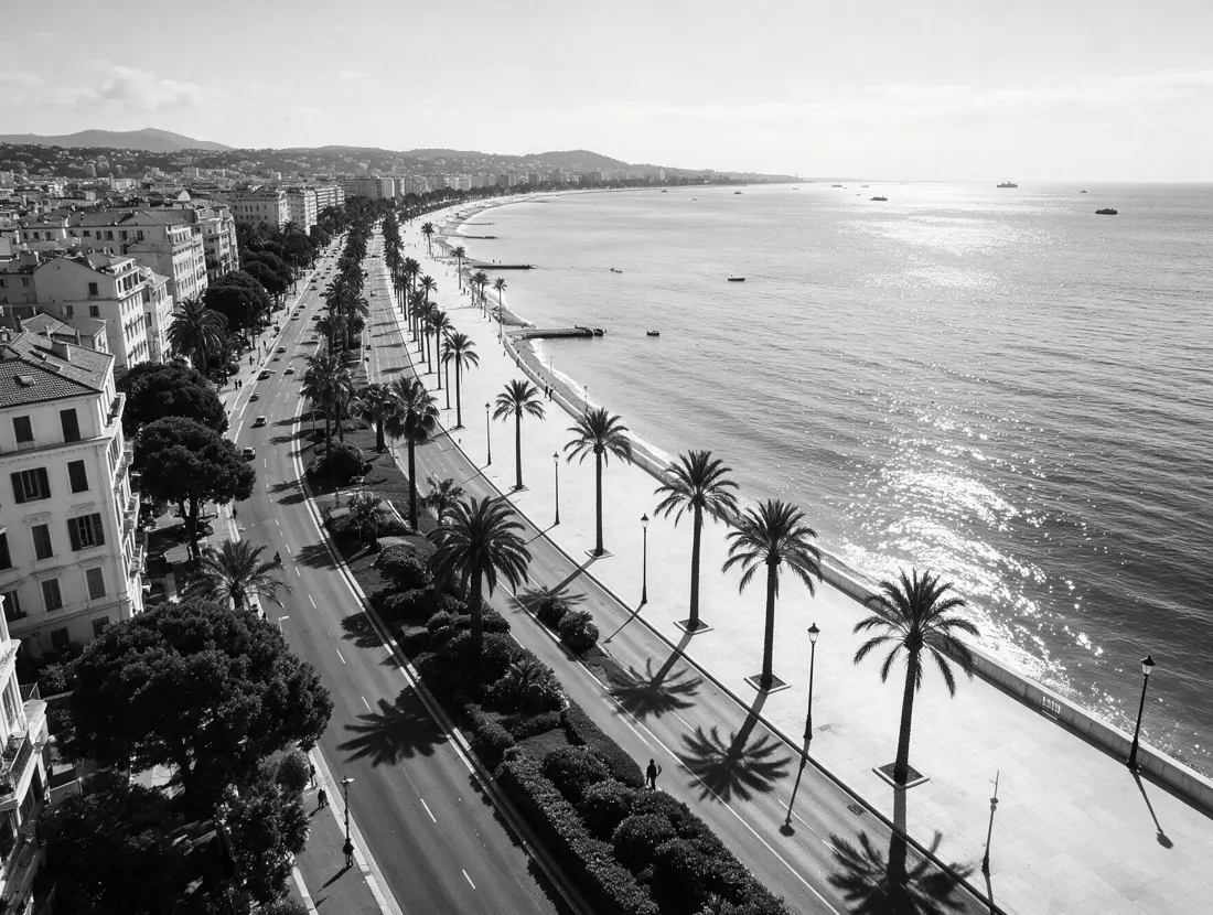Vue aérienne en noir et blanc de la Promenade des Anglais à Nice