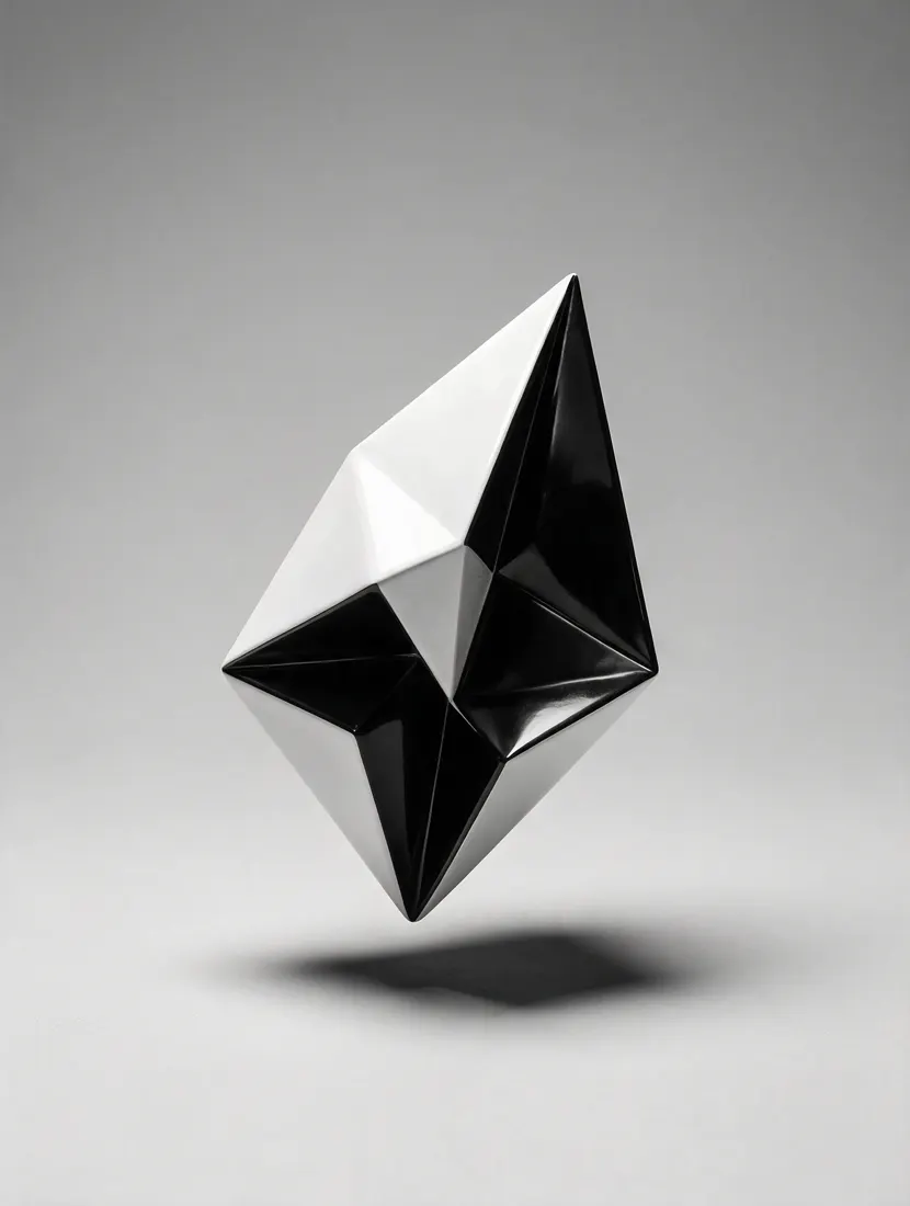 Forme géométrique pliée noire et blanche en lévitation