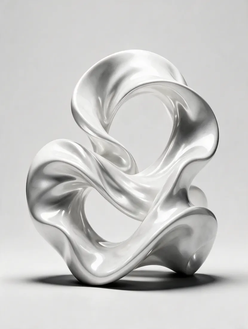 Sculpture abstraite en ruban argenté sur fond gris clair